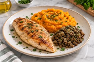 Pollo al horno con puré de calabaza y lentejas