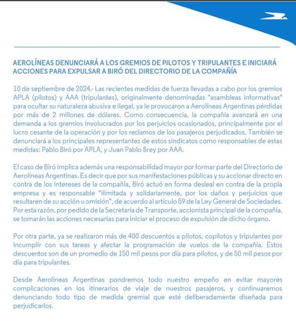 Por los paros: Aerolíneas denunciará a los gremios y pedirá la expulsión de Biró del directorio