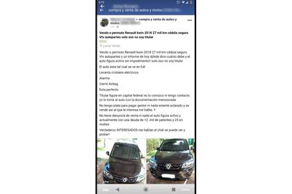 La publicación de Facebook donde se ofrecía el auto robado en Villa Lugano