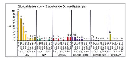 Porcentajes para cada quincena correspondiente a los informes de la Red Nacional de Monitoreo de la chicharrita del maíz (Dalbulus maidis)