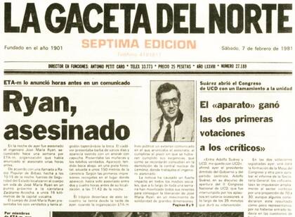 Portada con la noticia del asesinato del ingeniero José María Ryan