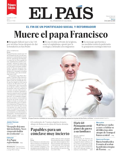 Portada de El País sobre la muerte del papa Francisco