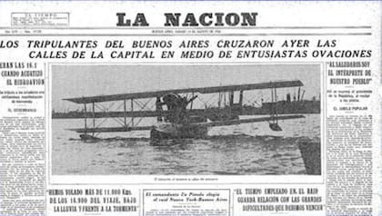 Portada de La Nación del 14 de agosto de 1926, con la noticia de la llegada del Hidroavión Buenos Aires