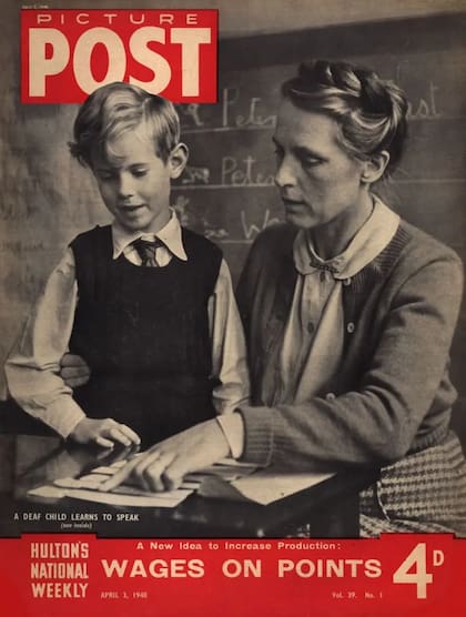 Portada de Picture Post, 3 de abril de 1948. Ilustraba un reportaje fotográfico que presentaba el aprendizaje del habla por parte de un niño sordo como una historia de superación, acorde con el énfasis oralista de la época