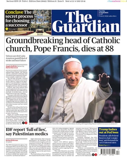 Portada de The Guardian sobre la muerte del papa Francisco