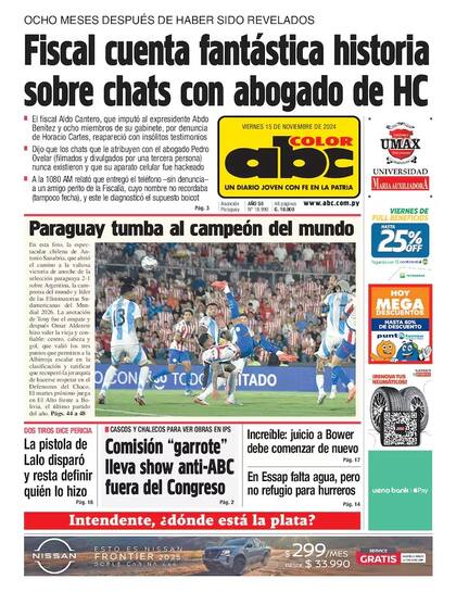 Portada del diario ABC Color tras la victoria de Paraguay ante la selección argentina