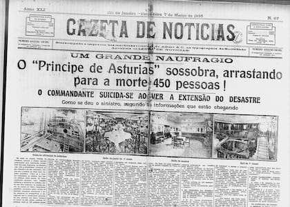 Portada del diario brasileño 'Gazeta de noticias' del 7 de marzo de 1916, en la que se puede leer el titular: "El 'Príncipe de Asturias' se hunde y arrastra a la muerte a 450 personas".
BIBLIOTECA NACIONAL