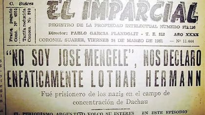 Portada del diario local "El Imparcial" de 24 de marzo de 1964, con la declaración de Lothar Hermann sobre su posible identificación con Mengele: "No soy Mengele"