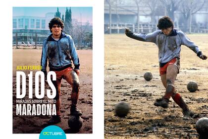 Portada del libro D10S y una foto de la misma sesión, realizada por don Ricardo Alfieri, en la época cuando Diego jugaba en Argentinos