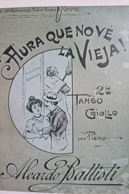Portada del tango "Aura que no ve la vieja", que reflejaba la vigilancia que ejercían las madres de la novia sobre el accionar romántico de sus yernos