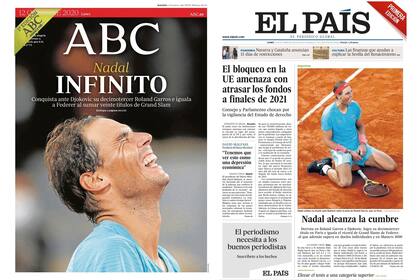 Nadal "Infinito"; según el diario ABC de Madrid; "Alcanza la cumbre", para El País