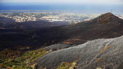 Un paisaje devastado por el fuego en Biguglia, en la isla francesa Córsega, en el Mediterraneo.