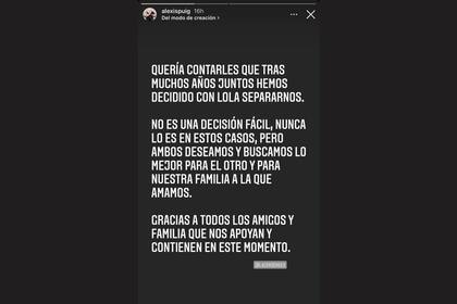 Post de Alexis Puig sobre su separación