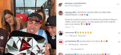 Posteo de Alejo en Instagram y la reacción de YouTube Latinoamérica