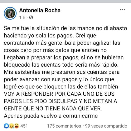 Posteo de Antonella Rocha, presunta autora de una estafa piramidal en Ensenada