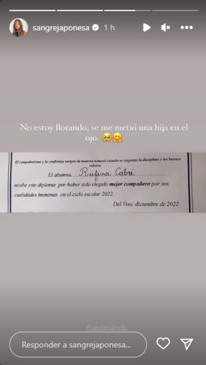 Posteo de Eugenia Suárez en donde celebra el logro de Rufina