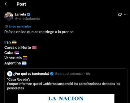 Posteo de Horacio Rodríguez Larreta en alusión a la prohibición para periodistas acreditados de ingresar a la Casa Rosada