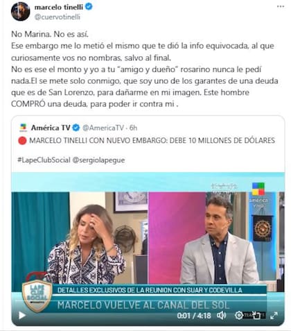 Posteo donde Marcelo Tinelli corrige a Marina Calabró y hace referencia a su "amigo y dueño"