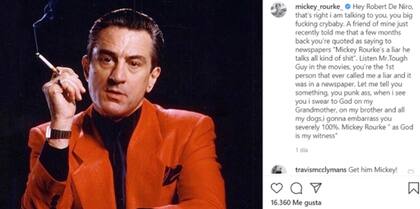 Posteo realizado por Mickey Rourke en su cuenta de Instagram, que luego eliminó