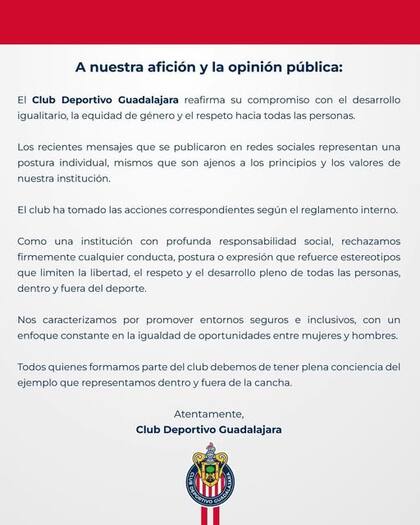 Postura del Club Guadalajara sobre comentarios machistas de "Chicharito" Hernández (Club Guadalajara)