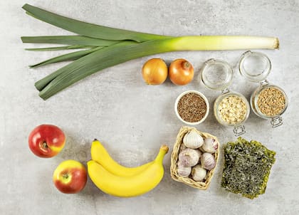 Prebiotic foods are types of dietary fiber that feed the friendly bacteria in your gut. Healthy concept.