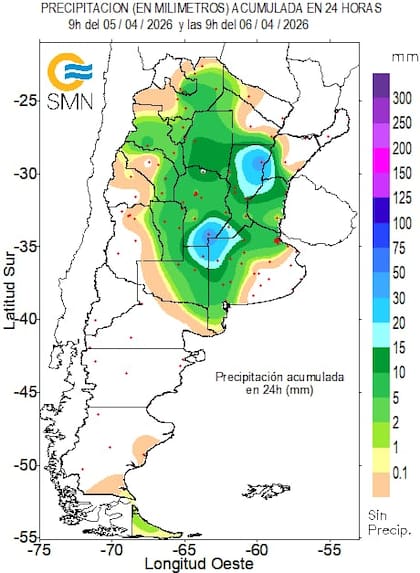 Precipitación acumulada en 24 horas desde ayer a hoy
