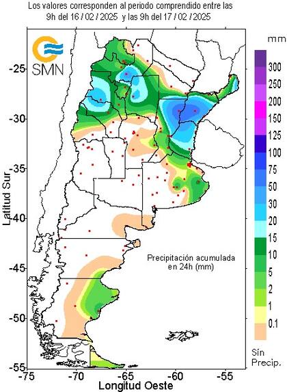 Precipitación acumulada entre el 16 y el 17 del actual