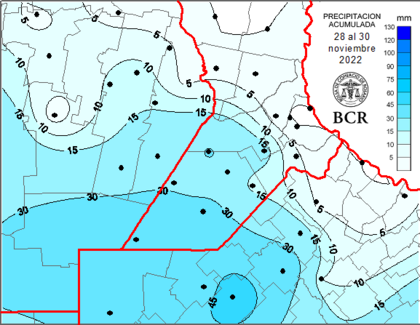 Precipitaciones acumuladas entre el 28 y el 30 de noviembre