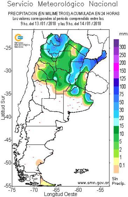 Precipitaciones acumuladas entre las 9 del sábado y las 9 del domingo