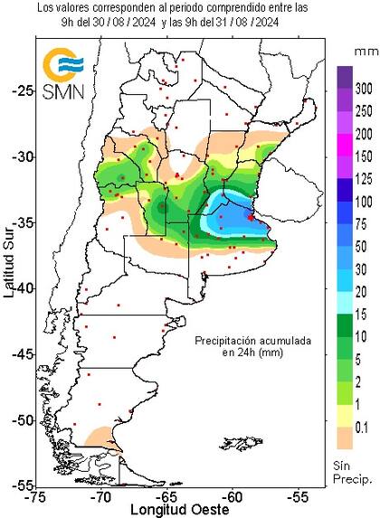 Precipitaciones entre el 30 y el 31 de agosto, hasta las 9 AM