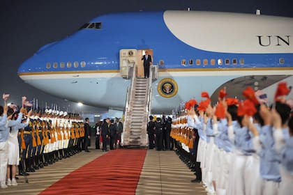 President Donald Trump arrives on Air Force One, Wednesday, May 13, 2026, at Beijing Capital International Airport in Beijing. (AP Photo/Mark Schiefelbein)
