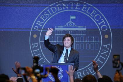 Presidential candidate of the Liberty Advances coalition Javier Milei waves during his victory speech after winning the presidential runoff election in Buenos Aires, Argentina, Sunday, Nov. 19, 2023. (AP Photo/Natacha Pisarenko)