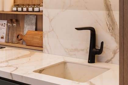 Presteza y elegancia en el modelo Epuyén monocomando para mesada de cocina.