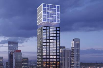 Primer plano de El Cubo en el 620 de la calle Folsom, renderizado por Arquitectonica