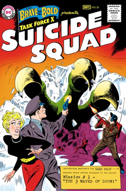 Primera aparición del Escuadrón Suicida, en el N° 25 de la revista The Brave and the Bold (septiembre de 1959), con ilustraciones de Ross Andru