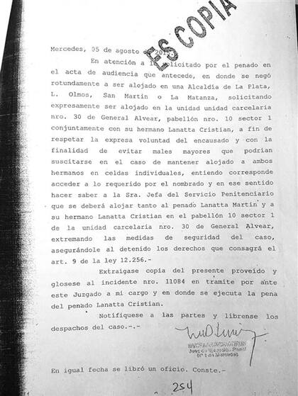 Primera copia: en la nota recibida por el Servicio Penitenciario Bonaerense no figuraron pedidos especiales de vigilancia sobre los hermanos Lanatta y Víctor Schillaci
