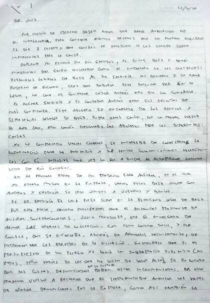 Primera página de la ampliación de la declaración de Fariña ante el juez Casanello