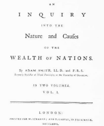 Primera página de La riqueza de las naciones, en su edición de Londres de 1776, el libro más famoso de Adam Smith y una obra clave en la historia del pensamiento económico (Wikipedia)