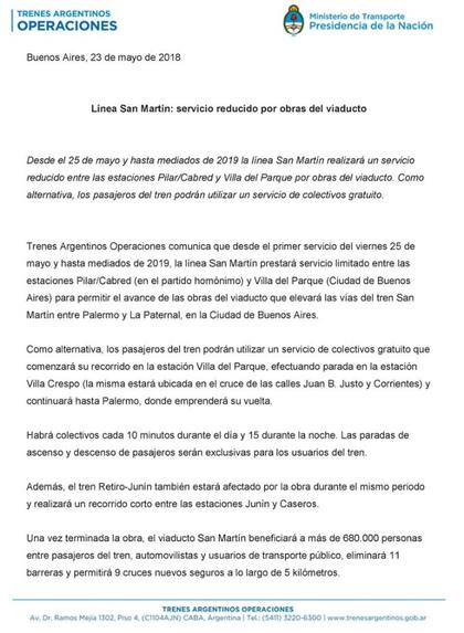Primera parte del comunicado sobre el servicio limitado de la línea San Martín.