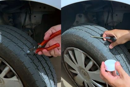 Primero se debe quitar el clavo que generó el pinchazo y luego limpiar bien el orificio. (YouTube Eso que lo arregle Papá)