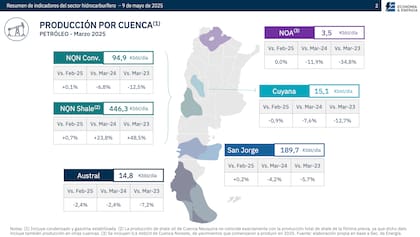Producción de petróleo por cuenca en marzo pasado, según la consultora Economía y Energía