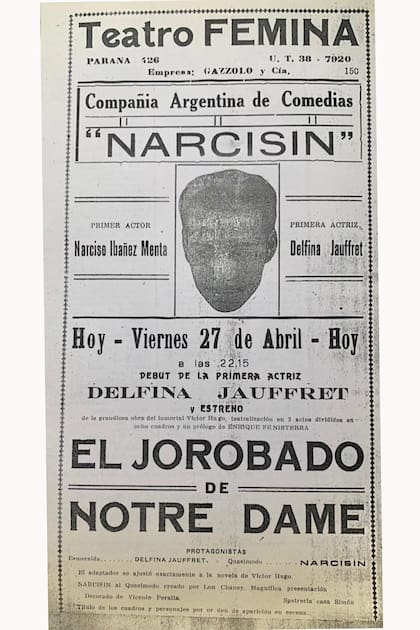 Programa de mano de El jorobado de Notre Dame, con Narciso Ibáñez Menta, en el desaparecido teatro Fémina