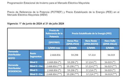 Programación Estacional de Invierno para el Mercado Eléctrico Mayorista