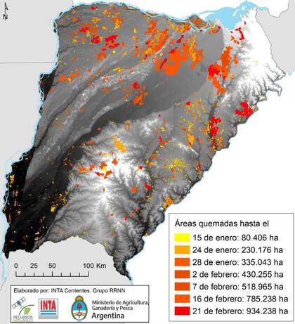 Progresión de áreas quemadas desde el 15 de enero de 2022 hasta el 21 de febrero de 2022. Los colores de fondo representan el modelo de elevación digital del terreno, donde los tonos más claros indican las zonas más altas y viceversa