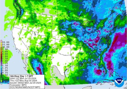 Pronóstico de la Administración Nacional de Océanos y Atmósfera de EE.UU. del 29 de julio al 5 de agosto, con las mejores lluvias concentradas sobre el cinturón sojero/maicero