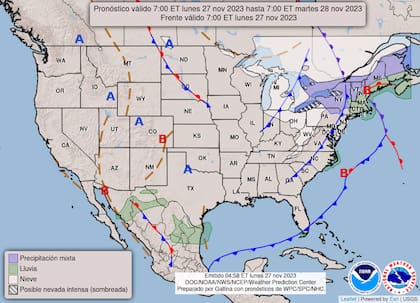 Pronóstico del clima en EE.UU. para el 27 de noviembre