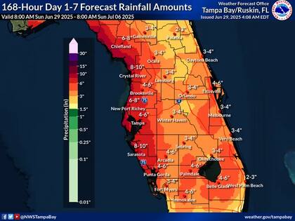 Pronósticos anticipan acumulados de lluvia superiores a 250 mm en la costa oeste de Florida, con riesgos de inundaciones repentinas que podrían afectar celebraciones del Día de la Independencia