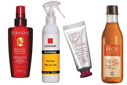 Protector para el pelo (Krastase, $865). Spray postsolar (Lidherma, $349). Crema para manos (Avon, $57.Protector solar en aceite FPS 30 (EKos natura, $375).
