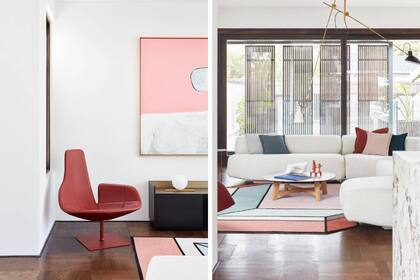 Protegido del sol por persianas apilables, el living con fondo totalmente vidriado está en comunicación directa con la terraza.