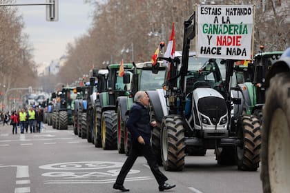 Los manifestantes llevan carteles en sus tractores